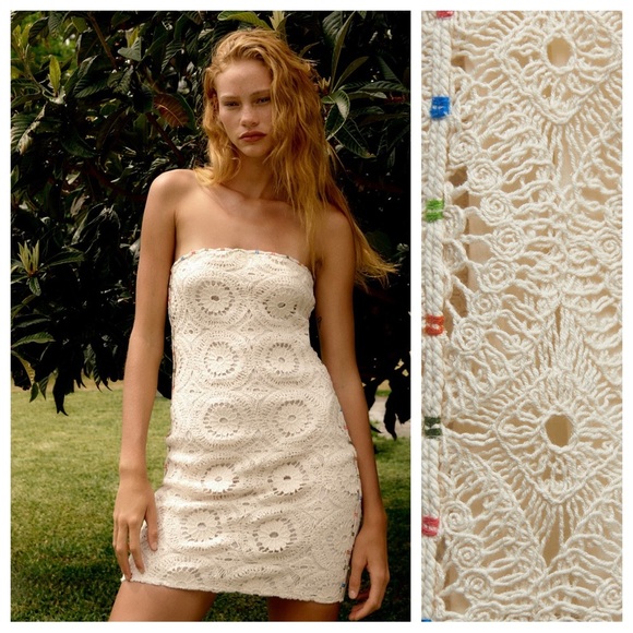 NWT. Zara Cream Strapless Crochet Mini Dress. Size L. - Picture 1 of 13